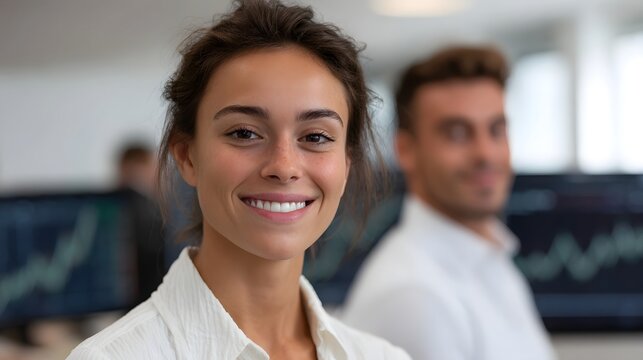 A smiling professional woman in an office setting with colleagues and financial charts in the background