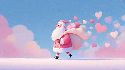 Santa Walking with a Bag Full of Gifts and Hearts