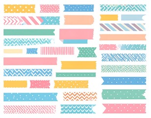 A collection of various colorful, patterned tape pieces in different shapes and sizes against a white background