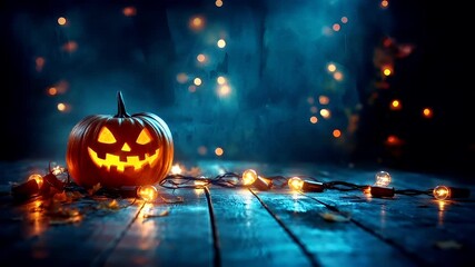 Halloween holiday promotion theme. Spooky scaring. A Halloweenthemed wallpaper featuring a carved pumpkin as its central subject. The pumpkin is illuminated from within, casting a warm. - Powered by Adobe