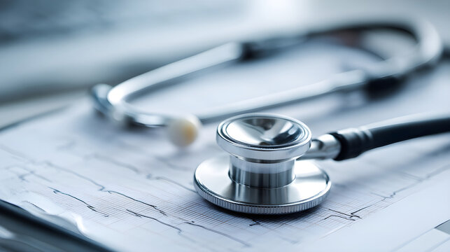 Stethoscope resting on electrocardiogram for heart diagnosis