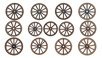 Fototapeta premium A collection of various cart wheels rendered in a detailed, cartoon-like illustration, with distinct wooden spokes and a simple design