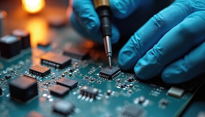 Technician in blue gloves works on green circuit board. Engineer uses precision tool to solder microchip component. Person assembles modern electronic device in clean tech lab. Computer hardware