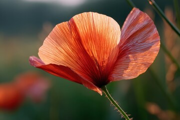 Poppy's Radiance: A close-up view captures the delicate beauty of a poppy flower in full bloom, illuminated by the soft light. showcasing the flower's intricate structure, texture, and vibrant colors.
