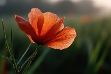 Fototapeta premium Poppy Blooms in Sunlight: The delicate petals of a vibrant poppy flower unfurl in the morning sun, revealing its graceful form and subtle textures.