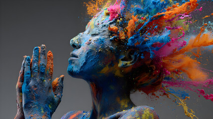 Woman experiencing explosion of vibrant dry color powder on face