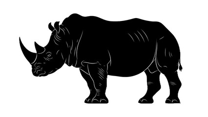 Fototapeta premium Black and white line art shows a rhino, perfect for education materials, posters, or wildlife conservation branding.