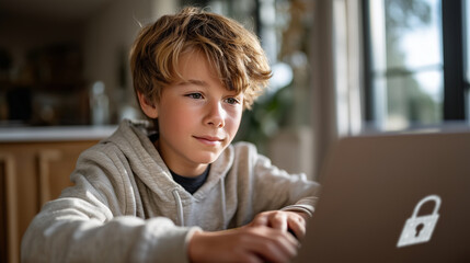 A young boy around 10 years old with light brown hair sitting at a wooden desk, typing on a laptop, soft window light highlighting his focused expression, a subtle holographic-styl