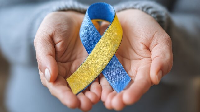 Blue and yellow awareness ribbon in adult hands, World Down Syndrome Day - Powered by Adobe
