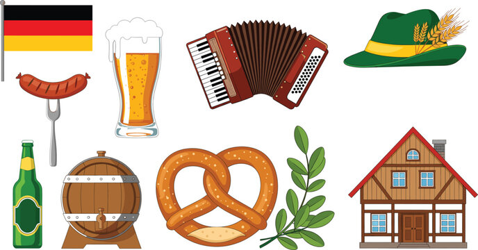 Oktoberfest and German culture vector icon set featuring a traditional beer stein, pretzel, sausage, Bavarian hat, accordion, flag, and timber-framed house for festival celebration themes