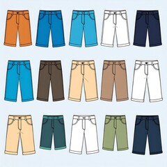 A collection of various colorful, short trousers, displayed in rows. Each is a flat-design illustration