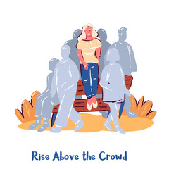 Standing out in crowd, bold confident woman above people silhouettes, simple cartoon doodle style, emotional empowerment scene, clean lines, warm palette, vector illustration.