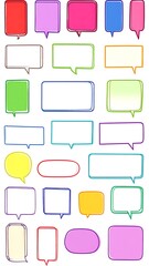A collection of various colorful speech bubbles, chat icons, and conversation designs on a white background