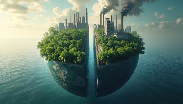 Planet split shows green nature, polluting industry. One side rich forests, factories emitting smoke. Illustrates climate change, global warming, eco crisis, environmental problems, pollution impact