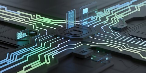 Abstract circuit board with glowing traces representing technology and connectivity