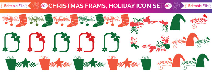 Obraz premium Christmas frame set, winter holiday border, New Year celebration decor print, hand drawn pine branch. Traditional festive postcard geometric garland design, wavy ribbon bow. Christmas frame party kit