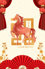 Chinese New Year 2026 Vertical Poster with Red Fire Horse and Decorative Lantern Ornaments and Oriental Fan. Poster Design Vector Illustration.