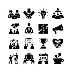 Team Work Icon Set. Vector Design Pack Isolated on White Background. Grunge Stamp Vector Illustration.