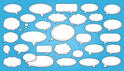 A collection of various comic-style speech bubbles with white interiors and distinct outline. They are on a light blue background