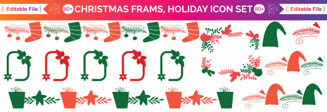 Christmas frame set, winter holiday border, New Year celebration decor print, hand drawn pine branch. Traditional festive postcard geometric garland design, wavy ribbon bow. Christmas frame party kit