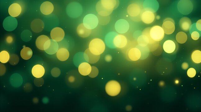 Glowing green and gold bokeh lights with soft focus and sparkling particles on a dark background for a festive event concept and luxurious abstract mood