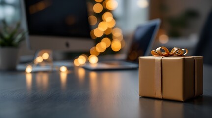 Golden gift box with a ribbon on a dark office desk with blurred Christmas lights and computer, for corporate holiday season concept and employee appreciation