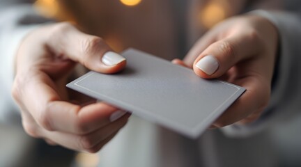 Close up of elegant female hands presenting a blank gray card against a bokeh background for business networking and payment concept