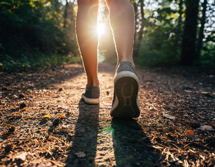 A close-up view from behind of a person's legs hiking on a forest path, with the golden sunset casting long shadows and creating a beautiful lens flare