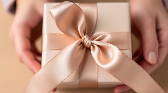 Elegant hands presenting a beige gift box with a luxurious rose gold satin ribbon bow for a special occasion concept and thoughtful gifting