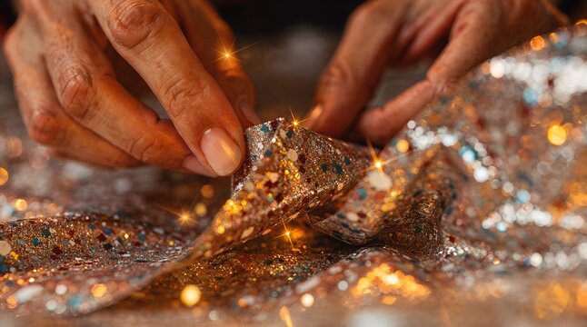 Close up of hands delicately folding shimmering glitter fabric with golden bokeh, showcasing a luxury craft concept for celebration design