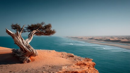 Twisted dead tree trunk stands on a smooth orange sand dune overlooking a deep blue ocean bay with bright daylight and harsh shadows.