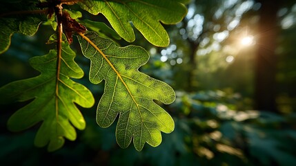 Vibrant green leaf backlit by golden hour sunlight highlights intricate visible veins and texture with lens flare through a blurred oak tree.