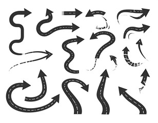 A collection of various directional markings, primarily in the form of curved or angled pointers, with a road-like texture