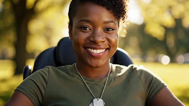 smiling african american woman veteran in wheelchair wearing dog tags in sunny park. disabled military female portrait. diversity and inclusion concept.