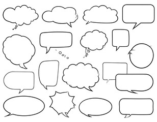 A collection of various empty speech bubbles and thought clouds in a simple black and white line drawing