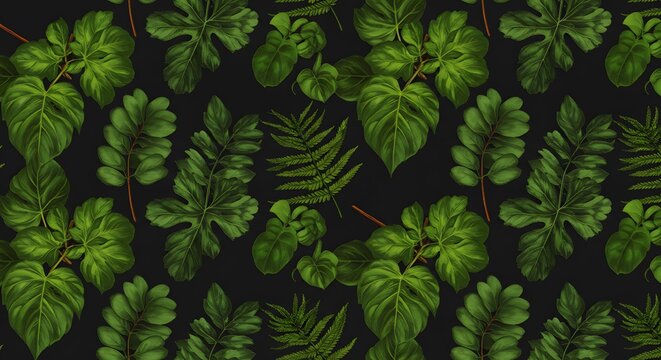 Lush, repeating pattern of green leaves on a dark gray background, resembling a dense jungle