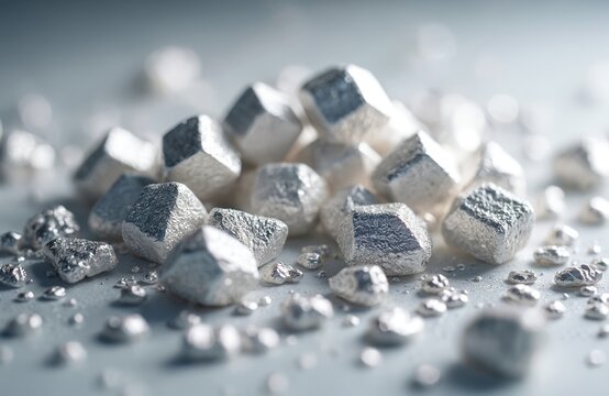 Pile of raw pure magnesium metal chunks, shiny silver white pieces reflecting light. Scientific material, elemental substance background. Clean industrial texture surface.
