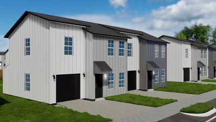 Fototapeta premium Modern Farmhouse Townhome Community: New Construction Row Homes with Landscaped Front Yards