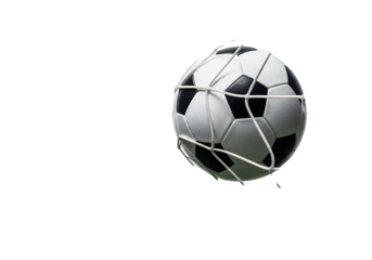 a classic telstar-style soccer ball frozen mid-impact, forcefully stretching a white nylon goal net on a transparent background with dramatic lighting. concept of definitive achievement
