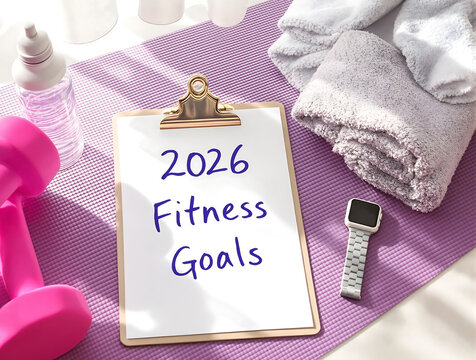 Preparing for new year health and wellness resolutions for 2026 with a clipboard, dumbbell, and smartwatch on a yoga mat - Powered by Adobe
