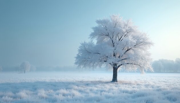 Frosty tree in snowy field. Tree branches and grass covered with ice. Serene winter landscape with clear blue sky. Peaceful scene with frozen tree in foreground.