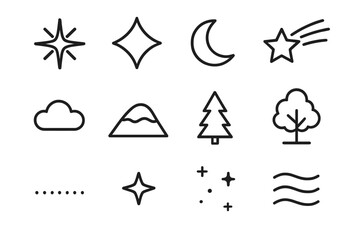 Fototapeta premium Winter Night Icons. Winter night sky with stars. Line outline icon set of Winter night sky with stars: star