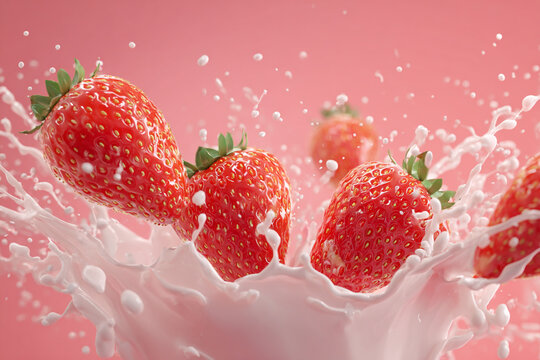 Fresh ripe strawberries splashing into creamy milk in a vibrant pink background