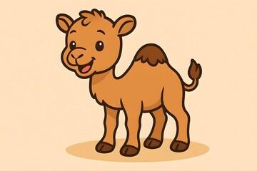A flat cartoon illustration of a happy baby camel, illustration