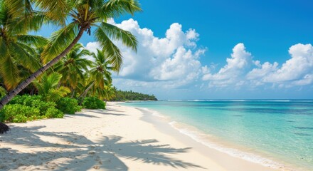 Tropical beach scene with palm trees and turquoise water under a blue sky