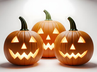 Three glowing jack o lanterns with carved faces sit together against a light background, perfect for a spooky halloween decoration