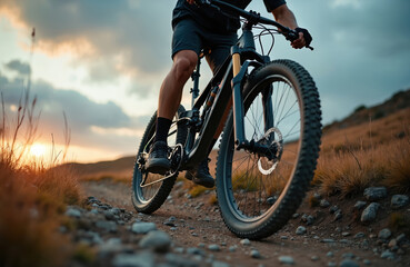 Fototapeta premium Athlete rides mountain bicycle uphill on a dirt road during sunset. Cyclist moves along path in nature. Active male on bike enjoys outdoor activity in countryside. Dramatic sky background.