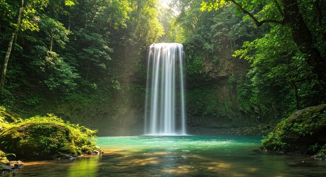 Waterfall in lush forest sunlight nature environment