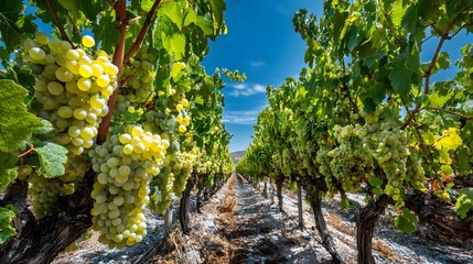 Vineyard rows stretch into the distance with lush green grape leaves and bunches of white grapes under a blue sky in a winery concept.