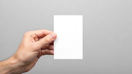 Fototapeta premium Hand holding blank vertical white card with copy space on gray